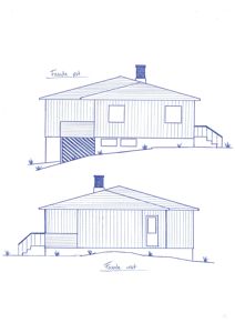 Tegning som viser fasaden sett fra øst og vest.