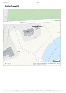 Kart over Sildpollneset 50 som viser tomt, eksisterende bygninger (bolig og garasje) og topografi.