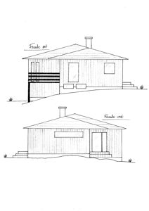 Tegning som viser fasadeopprikk for en bygning sett fra øst og vest.