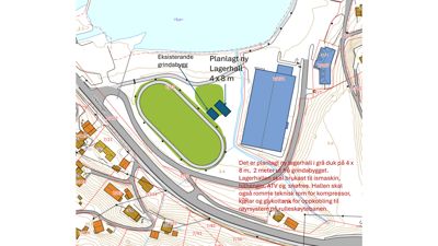 Situasjonsplan som viser eksisterende og planlagt bebyggelse, infrastruktur (veier, vann) og terrengforhold.