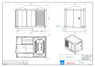 Detaljtegning av en transformatorboks (merket 'Maxi') med dimensjoner, utsnitt og 3D-visning.