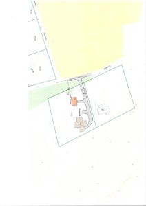 Situasjonsplan som viser tomtens grenser, eksisterende og planlagt bebyggelse (bosted, bod, garasje), ny vei, parkeringsplass og tilstøtende eiendeler.