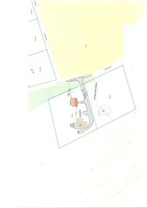 Situasjonsplan som viser tomtens grenser, eksisterende og planlagt bebyggelse (bosted, bod, garasje), ny vei, parkeringsplass og tilstøtende eiendeler.