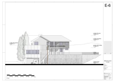 Snittegning (E-6) som viser bygningens tverrsnitt, høyder, terrassering og forhold til omgivelsene.