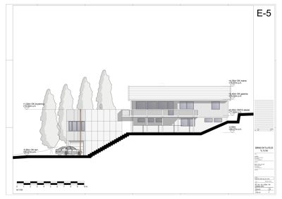 Snittegning som viser bygningens tverrsnitt, høyder, terrengforhold og inngang.