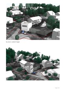 3D-visualiseringer (renderinger) som viser et nytt volum og en sokkel i forhold til eksisterende bygninger og natur. Bildene illustrerer volumet i kontekst.