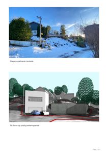 Bildet viser en side fra en byggesak som sammenligner dagens situasjon (fotografi) med en planlagt endring (3D-visualisering) av nordsiden av eiendom.