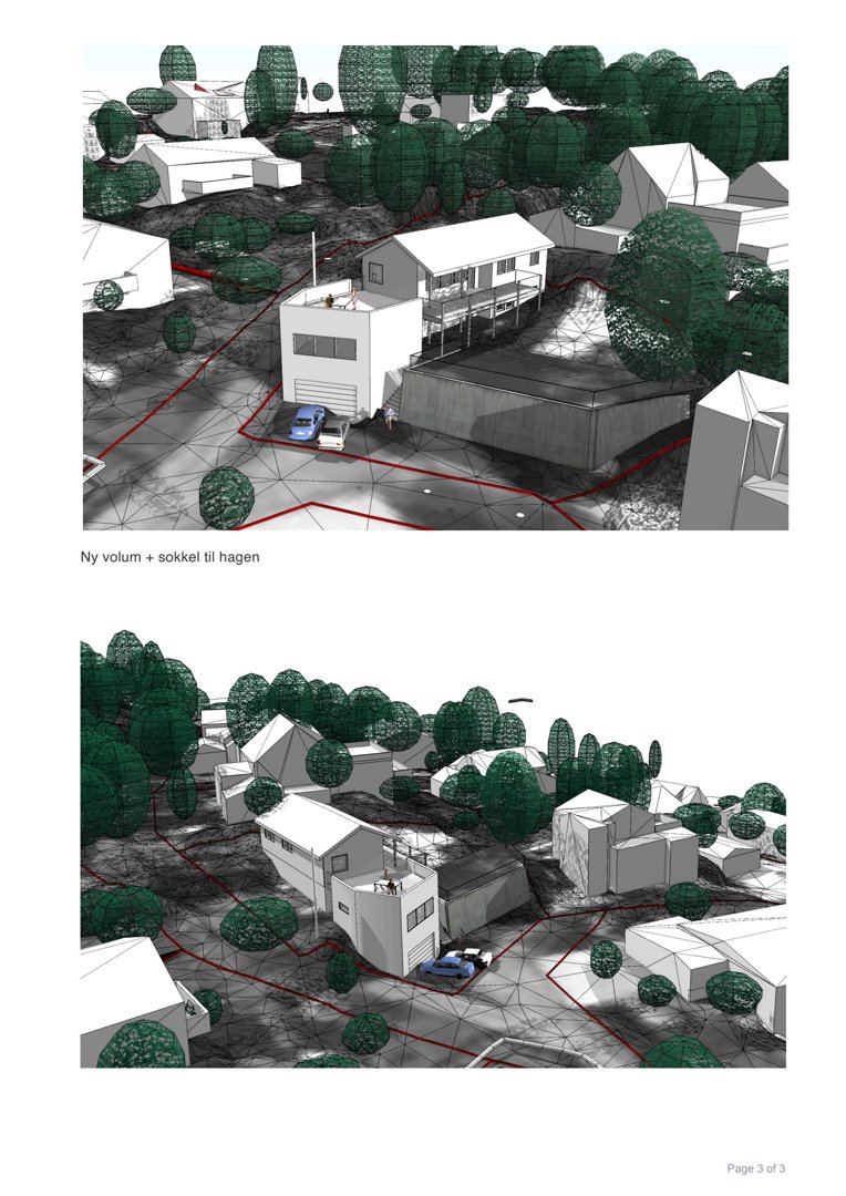 3D-visualiseringer (renderinger) som viser et nytt volum og en sokkel i forhold til eksisterende bygninger og natur. Bildene illustrerer volumet i kontekst.