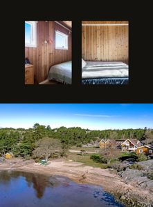 Et sammensatt bilde som viser to innendørs fotografier av soverom overfor et stort utsnittsfoto av en kystbebyggelse.