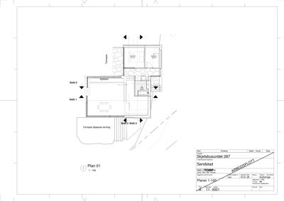 Etasjeplan (Plan 01) som viser romfordeling, arealer og plassering av terrasser for en bolig.