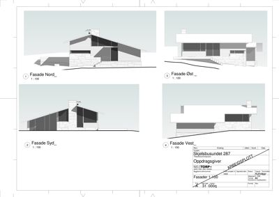 Fasadetegning som viser bygningens utseende fra fire ulike sider (Nord, Øst, Syd og Vest).