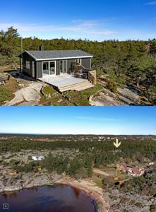 Bildet viser to fotografier av en hytte; øverst et nærbilde og nederst et situasjonsbilde med en pil som peker på hytten.