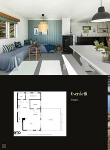 Fotografi av et innredet interiør (stue/kjøkken) med en plantegning av samme rom i nederste del av bildet.