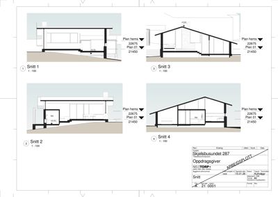 Bildet viser fire snittegninger (Snitt 1-4) av en bygning, som illustrerer tverrsnittet gjennom huset, takhøyder og innvendig oppdeling.
