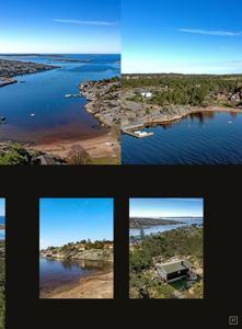 Fotografier av en kystbebyggelse med hus, vann og natur.