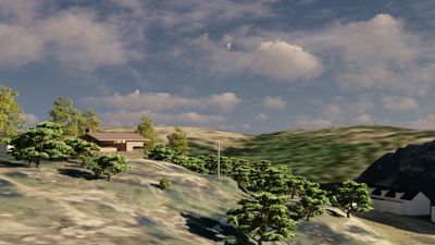 3D-visualisering av et hus i en naturlig, kupert landskapssituasjon med trær og himmel.