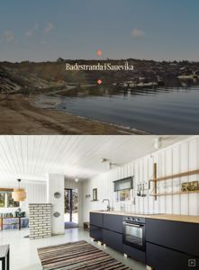 Bildet viser en collage med to bilder: øverst et utsiktspunkt over Badestranda i Sauenvika, og nederst et interiørfoto av en kjøkken- og stueplass.
