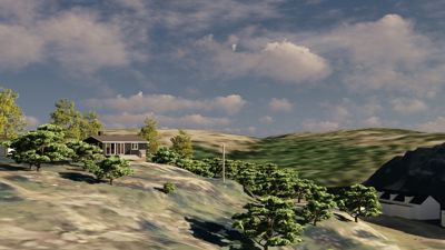 3D-visualisering av en bolig og omgivelsene sett fra et utsiktspunkt.