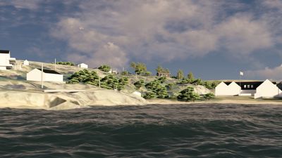 3D-visualisering av et kystlandskap med flere hvite bygninger plassert på en kupert kystlinje.