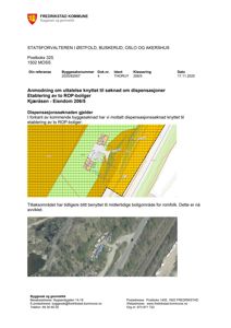 Situasjonsplan som viser tomtens grenser, bebyggelse og tilhørende arealer (gule og grønne felter) for et ROP-prosjekt.
