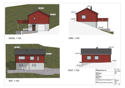 Fasadetegning som viser bygningens utseende fra fire sider (Nord, Sør, Øst, Vest) med høydemål og skala.