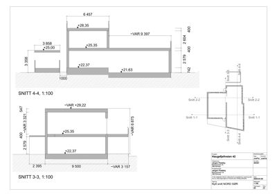 Snittegning (SNITT 3-3 og SNITT 4-4) som viser bygningens tverrsnitt, høyder og konstruksjonsdetaljer.