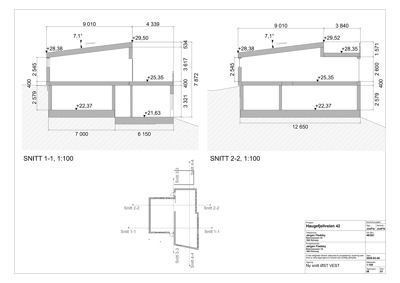 Tegning som viser tverrsnitt gjennom bygningen (SNITT 1-1 og SNITT 2-2) med høydemål og konstruksjonsdetaljer.
