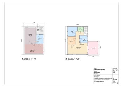 Etasjeplaner for eksisterende planlegning av en bolig, som viser romfordeling og arealer for 1. og 2. etasje.