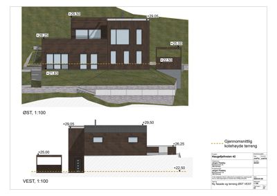 Fasadetegning som viser bygningens utseende fra øst og vest, inkludert høydeangivelser og terrengforhold.
