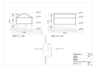 Tegning som viser tverrsnitt gjennom en eksisterende bygning (Haugefjeliveien 42), med mål, høyder og snittlinjer.
