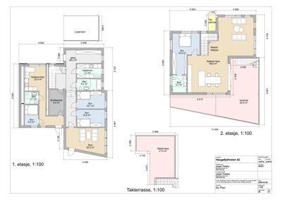 Plantegning som viser romfordeling og dimensjoner for 1. etasje, 2. etasje og takterrasse i en bygning.