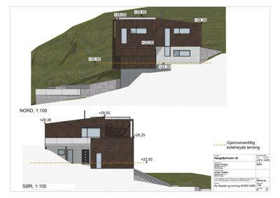 Fasadetegning som viser bygningens utseende sett fra nord og sør, inkludert terrengforhold og høydemål.