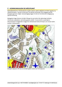 Kart som viser beregnede støysoner (rødt og gult) og støysoner (blå kryss) i forhold til et byggeområde (grønn sirkel).