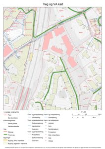 Et kart over vann- og avløpsanlegg (VA) i et område, inkludert eiendomsgrenser, vegnett og bygninger.