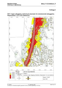 Støysonekart som viser lydnivåer (dB) i området rundt en vei i Skjoldnes, med fargekodet visuell fremstilling av støysoner.