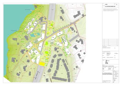 Illustrasjonsplan som viser tomtens beliggenhet, omgivende infrastruktur, topografi og plassering av bygninger.