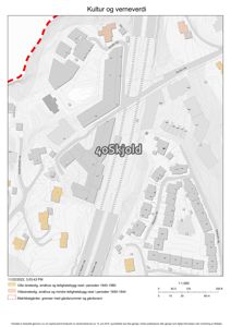 Kart over et område med bygninger, vei og terrengforhold, med overlag for kultur- og verneverdi.