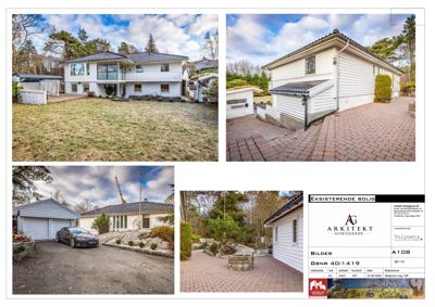 Fotografier av en eksisterende bolig, inkludert fasade, garasje og hage, med et arkitekttegningsskjema i bunnen.