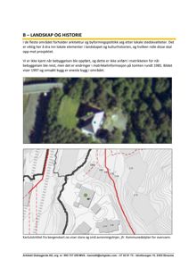 Kartutsnitt som viser terrengform (avrenningslinjer) og bygningsplassering.