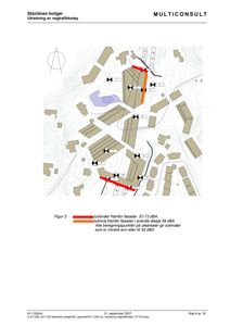 Situasjonsplan som viser bygningers plassering i forhold til vegtrafikkstøy (lydnivåer).