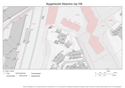 Kart over eiendomsgrenser, eiendomsflater og bygningshøyder for Sleiøners veg 108