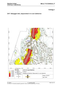 Støysonkart som viser støyfordeling (i dB) rundt vegtrafikk på Skjoldnes, med bygninger og terrengkonturer.