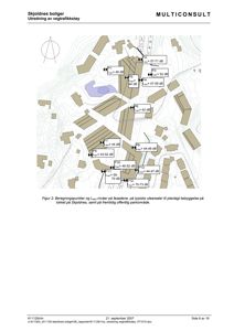 Kart over området Skjoldnes boliger som viser beregningspunkter for vegtrafikkstøy (Lden) på fasadene og i utvalgte utendørsområder.