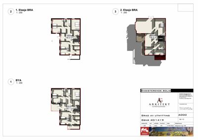Plantegning som viser romfordeling og arealer for tre ulike etasjer (1. etasje BRA, 2. etasje BRA og BYA) i en eksisterende bolig.