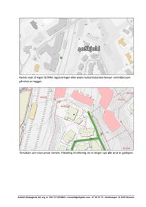 Bildet viser to kart: øverst et SEFRAK-kart for kulturhistorisk vurderting, og nederst et temakart over veinett og tomtetilkobling.