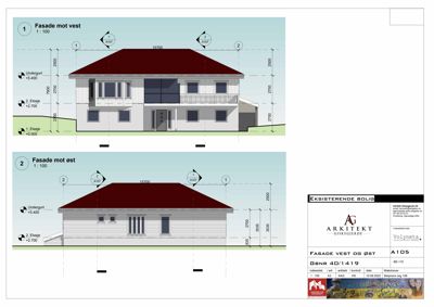 Fasadetegning som viser bygningens utseende fra vest og øst, inkludert mål og høyder.
