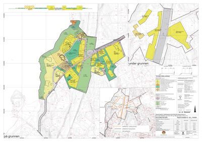 Situasjonsplan som viser tomtedeling, arealbruk og grunnforhold for et område.
