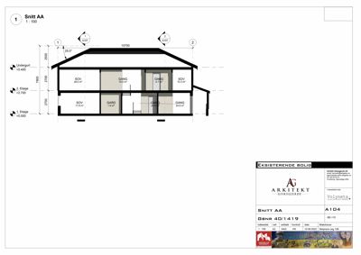 Snittegning (Snitt AA) av en eksisterende bolig som viser romfordeling, høyder og konstruksjon.