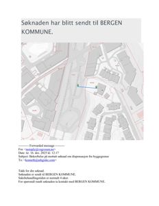 Et kart som viser et område med bygninger, veier og topografi, inkludert en markert rute mellom to punkter.