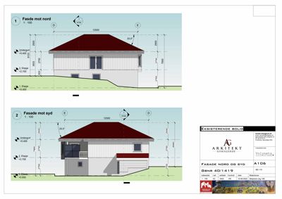 Fasadetegning som viser oppriss av bygningens front mot nord og syd, inkludert mål og høyder.